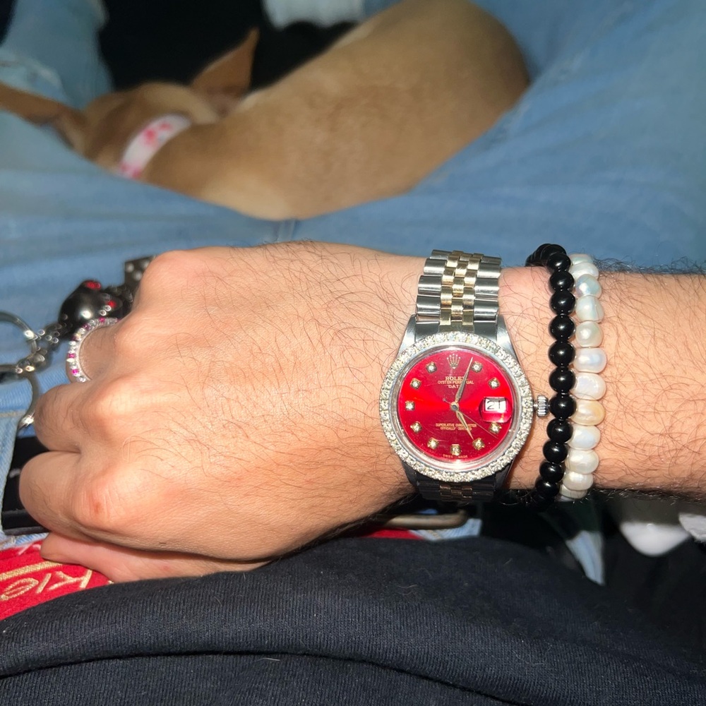 SOLD Rolex Oyster Perpetual Datejust Jubilee Two Tone Watch Red Diamond Dial - Picture 2 of 10